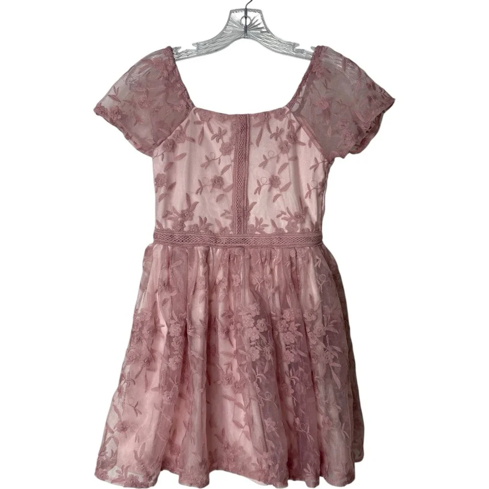 Haute Hippie Kids Pink Short Puff‎ Sleeve Lined Lace Dress Girls 12